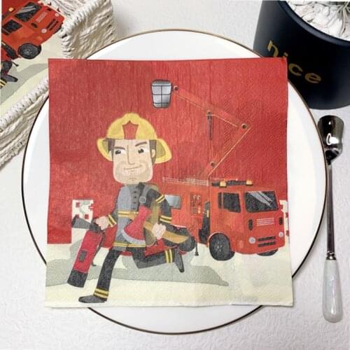 20Pcs/Pack Firemen Table Decoupage Paper Napkins Fire Truck Napkin Paper Tissues for Boy Birthday Party Baby Shower Decorations