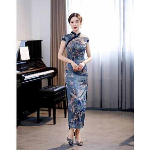 2021 Spring Women Print Character Lace Trim Cheongsam Elegant Slim Satin Chinese Dresses Long Sexy Hight Split Qipao Gown