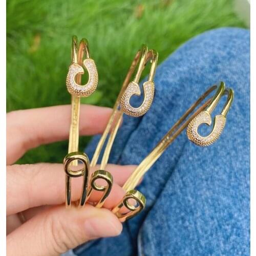 3Pcs Newest Fashion Micro Pave Safety Pins Shape Cubic Zirconia Cuff Bangle & bracelet For Women Men Jewelry Gift