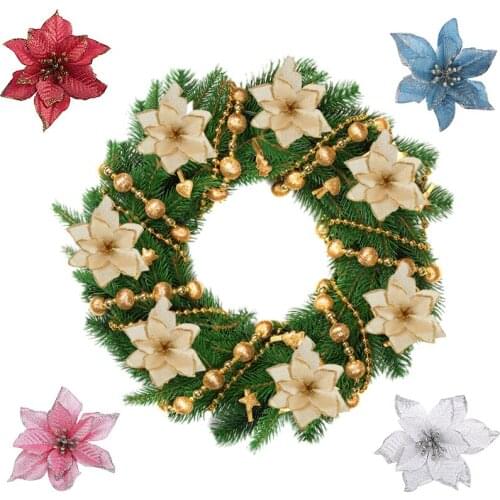 5pcs Christmas Decoration 13cm Artificial Flowers Glitter Poinsettia Fake Flowers Home Wedding Xmas Tree Ornaments Flower Heads