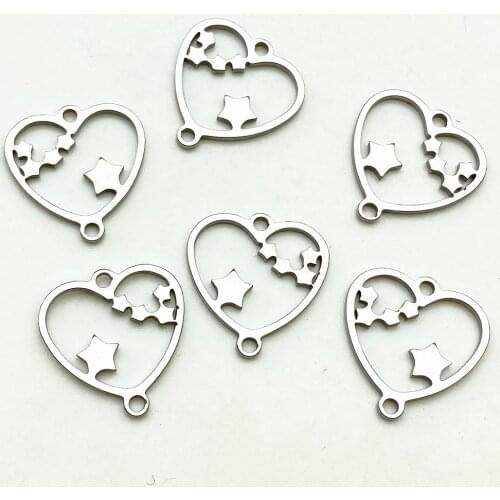 6Pcs 14*14mm Hollow Peach Heart Charm Stars Stainless steel Never Fade Diy Jewelry Necklace Connectors Making
