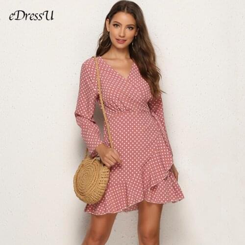 7 Colors Women Dress Vintage Pink Dress Autumn Polka Dot Retro Sexy Dress Long Sleeves Ruffle Chic Elegant Boho Dress YSM-5209