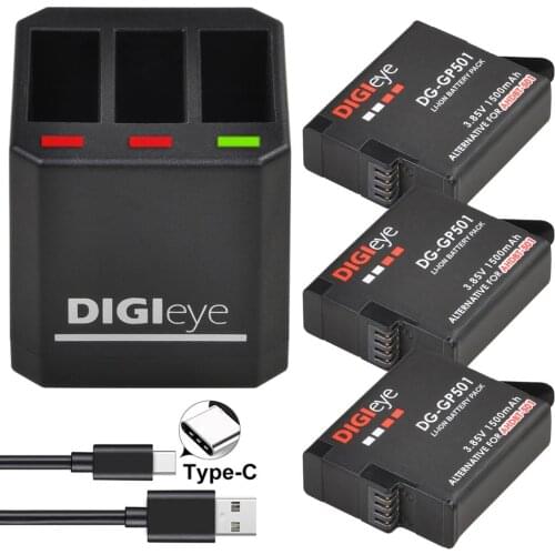 3x Battery for Gopro Hero 5/6/7 + 3-Ports USB Charger with Type C Port for Gopro Hero 5,AHDBT-501,Hero 6,Hero 7 Black,Hero 2018