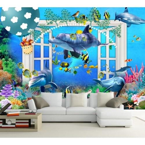 Free Shipping Custom 3d Living Room Wallpaper Window Underwater World Dolphin Fantasy Wall ChildrenS Room Colorful Mural
