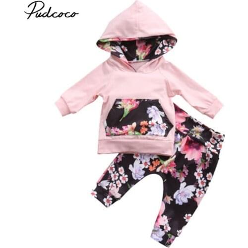 Pudcoco Infant Newborn Baby Girls Clothes Floral Long Sleeves Hooded Tops T-shirt+Floral Leggings 2Pcs Outfit Set