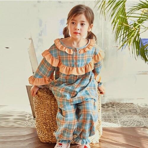 Kid Girls Lolita Cotton Contrast Color Plaid Pajama Sets.Sweet Toddler Kid‘s Pyjamas Set Sleep Loungewear.Children’s Clothing