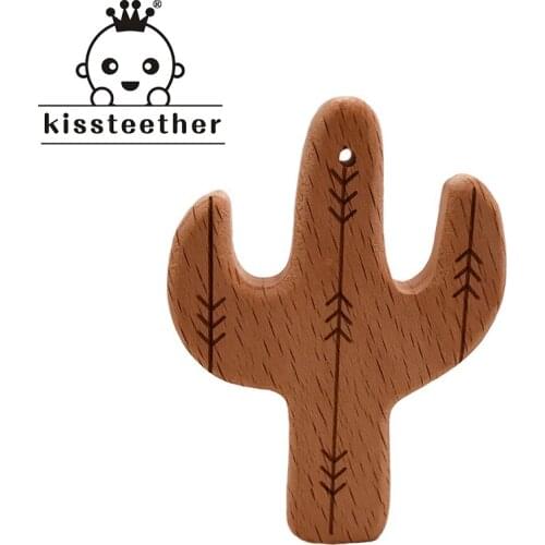 Kissteether Baby Wooden Teether Beech Wood Cartoon Cactus Teething Toys Montessori Inspired Nursing Pendant Baby Teether