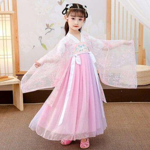 XinHuaEase Hanfu Girls Childrens Kids Ancient Chinese Costume Cherry Blossoms Princess Summer Dresses Cosplay Fairy Skirt Folk