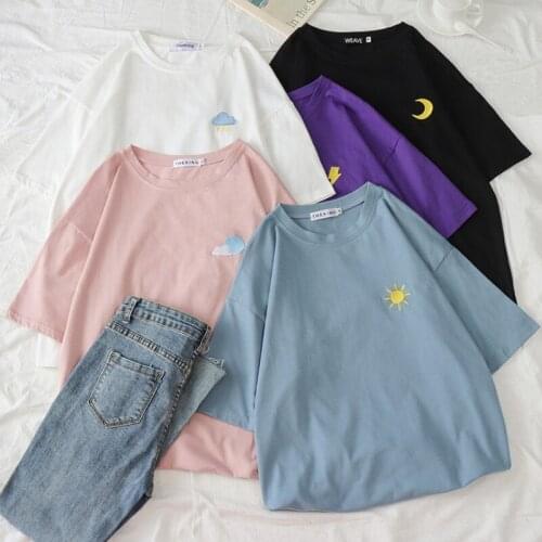 Women harajuku Kawaii Candy colors t-shirt Korean weather Embroidery Loose All-match t shirt summer Short Sleeve Simple T-shirts