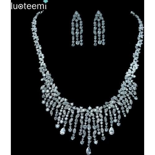 LUOTEEMI white gold-Color Fashion Luxury Cubic Zirconia Tassel Choker Necklace Earrings Set Women Fine Jewelry Sets Party
