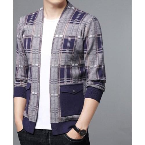 Autumn Korean High Quality Mens Business Casual Sweaters Mens Cardigan Knitted Sweatercoats Plaid Jacket Male 3 Colors M-3XL