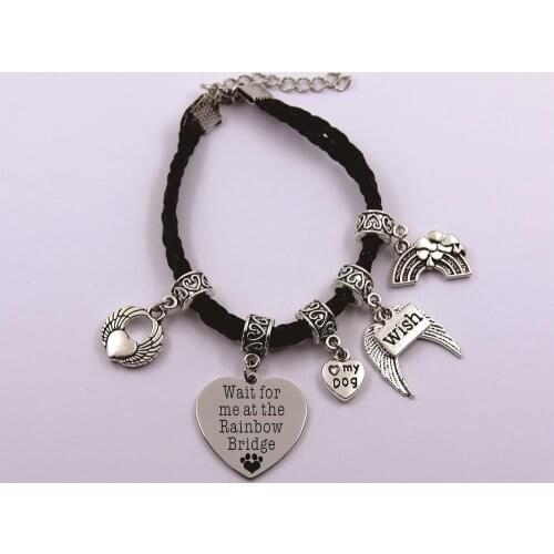 Wait for me at the rainbow bridge leather chain dog angel pet loss pet ownermemory bracelet gift for dog lover