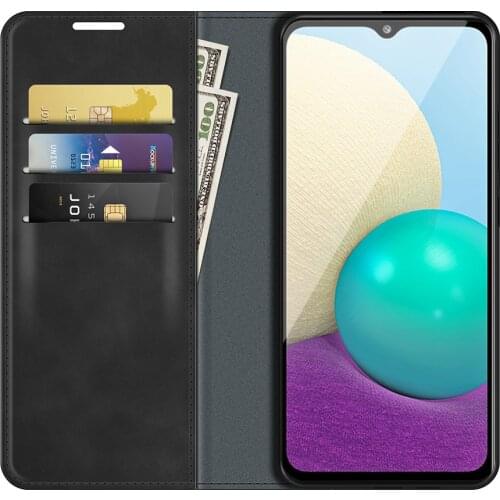 Auto Switch Leather Case for Samsung Galaxy A02 (6.5in) 2021 Flip Wallet Book Style Cover Black A 02 02A A022 GalaxyA02 SM-A022F