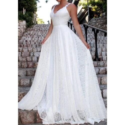 Backless lace long dress bohemian summer beach white party dresses vestido blanco sukienki na wesele damskie robe ceremonie W3