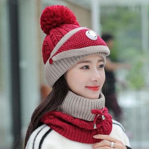 Fashion Winter Hat&Scarf&Mask Set For Women Girls Warm Beanies Breathe Scarf Pompoms Knitted Caps And Scarf Mask