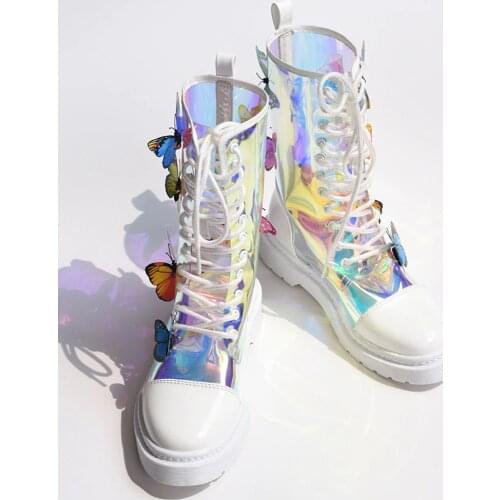 2020 New Arrivals Booties Transparent colorful butterfly Flat Short Boots Round Toe Muffin Heel Lace Up Novelty Shoes Women