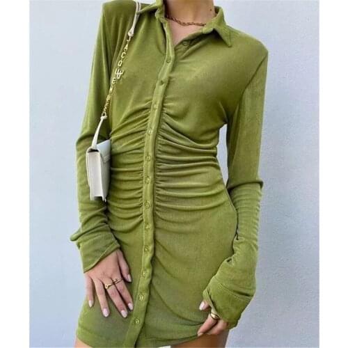 New Green bodycon dress Vintage Velvet Turn-down Collar Draped French Style Blouse Mini Dress Womens
