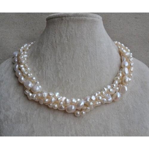 Charming Baroque Pearl Necklace 4rows AA 6-12MM White Color Genuine Freshwater Pearl Necklace 18inches