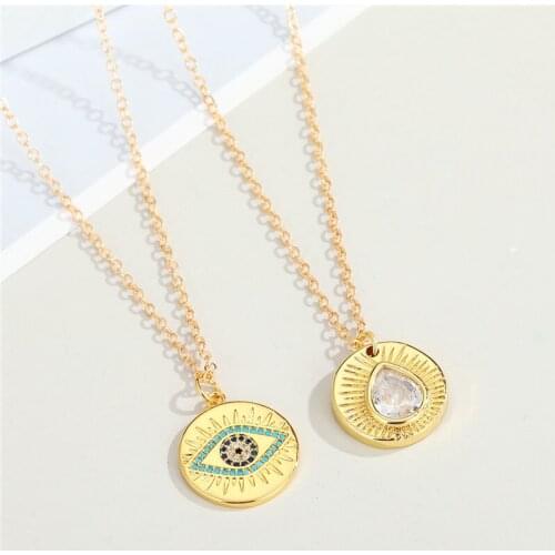 1pc Round Blue Evil Eye Necklace For Women Jewelry Vintage Water Drop Cubic Zirconia Turkish Lucky Eye Pendant Clavicle Chain