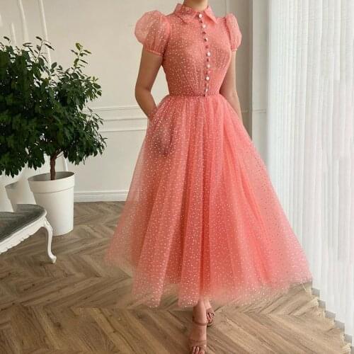 Coral Prom Dress Short with Pockets Cap Sleeve Vestido de Fiesta Tea Length Celebrity Evening Dresses Dots Tulle Party Gowns