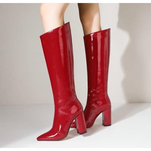 Sexy Red Pu Patent Leather Knee High Boots Autumn Women Boots Chunky High Heel Long Booys Fashion Pointed Toe Winter Shoes Woman