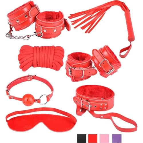 Sexy Lingerie Bondage Set 7 Pcs/set Sexy Product Toys Hand Cuffs Footcuff Whip Rope Blindfold Couples Erotic Lace costumes