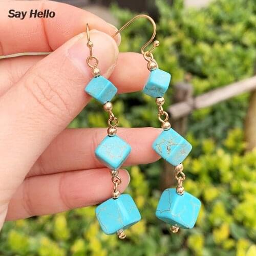 SAY HELLO Boho Square Turquoises Metal Beaded Stone Gravel Dangle Earrings Irregular Alloy Earrings Party Ladies B0114