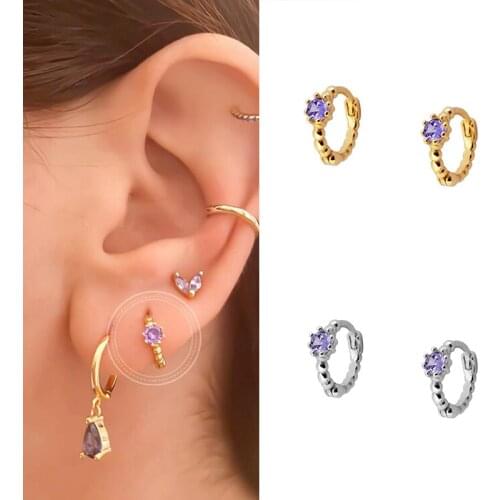 Authentic 925 Sterling Silver Hoop Earrings For Women 10 Color Round Purple Black Turquoise Zircon Small Earrings Ear Bone aros