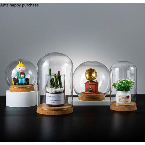 Eternal Flower Crafts Display Tray Glass Dust Cover Wooden Base Decoration Display Stand Home Desktop Decoration Frame Cake Pan