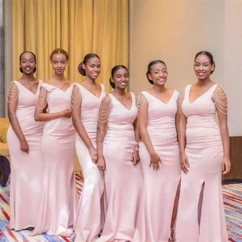 Vestido African Mermaid Bridesmaid Dresses Long Slit V-Neck Beaed Cap Sleeves Zipper Back Wedding Guest Dresses Plus Size