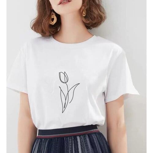 Harajuku Korean Modern Art Drawing T-Shirt for Women Abstract Flower Graphic Tee Female Pretty Line Drawing Ulzzang T-Shirt
