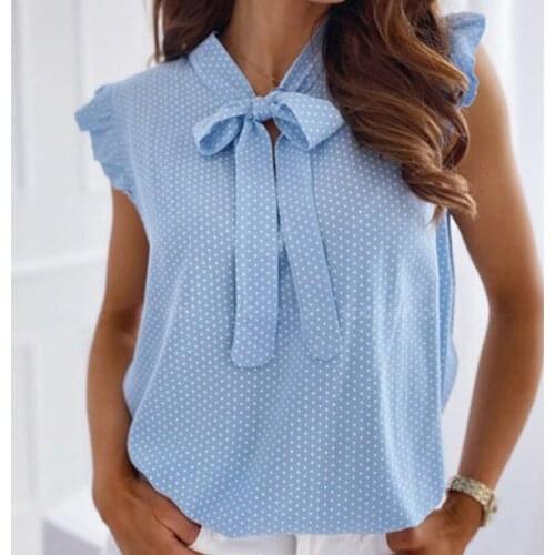 Women Casual Shirt Summer Short Ruffles Sleeves Bow Neck Polka Dot Female Loose Shirt Streetwear Fashion