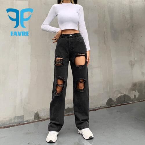 FAVRE Women Jeans Spring Ripped Holes Straight-Leg Pants Hip Hop High Street Casual High-Waist Washed Jeans Baggy Trousers
