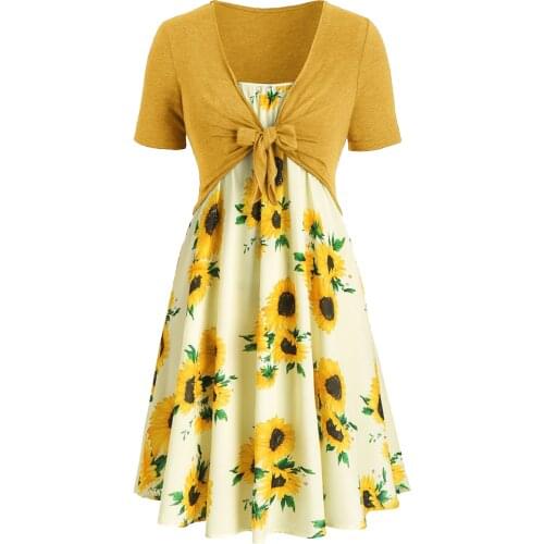 Women Sunflower Mini Dress Summer Vintage Short Sleeve Plus Size Female Dress Two Piece Suit Bandage Women Party Dress Vestidos