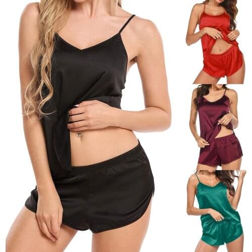 Women Sexy-Lingerie Strap Sleeveless Sleepwear Satin Silk Babydoll Lace Up Nightwear Pajamas Set Home Suit conjuntos de mujer g4