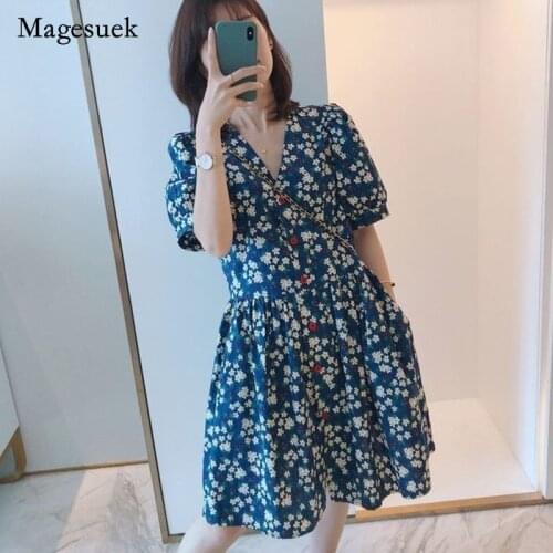 Vintage Floral Dress Women Single Breasted Print Dress French Style Short Sleeve Loose High Waist V-neck A-line Dresses 14501