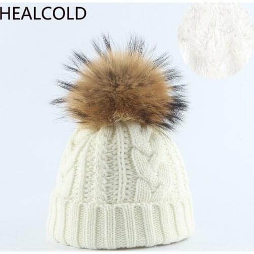 Winter Hat For Women Natural Fur Pompom Hats Mother Kids Knitted Warm Beanies Thick Caps