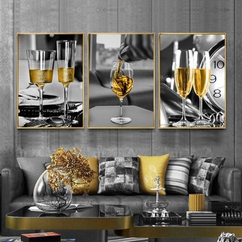Golden Decor Glass Wine Nordic Canvas Printings Minimalist Art Champagne Gold Decor Living Room Home Modern Poster