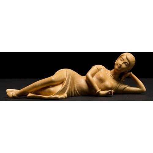 Boxwood 18cm Beauty Sculpture Charming Figures Wood Statue Lying Girl Home Decor