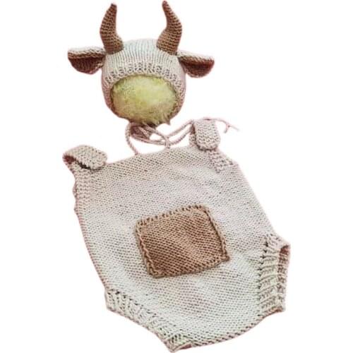 2 Pcs Baby Knitted Cow Ears Hat Romper Set Newborn Photography Props Jumpsuit Kit Infants Photo Shooting Clothing