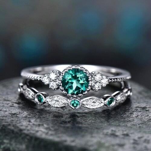 2Pcs/Set Rings 2021 New Luxury Green Blue Stone Crystal Rings for Women Sliver Color Wedding Engagement Fashion Jewelry