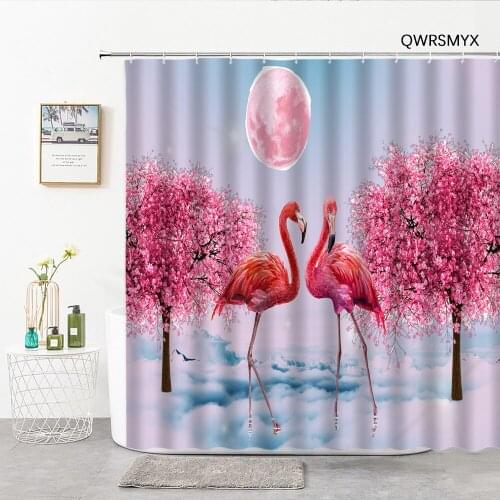 3D Flamingo Shower Curtains Under The Moon Pink Peach Blossom Tree Tropical Animals Bathroom Curtain Hooks Home Wall Decor Cloth