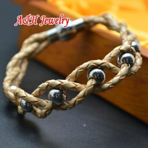 8pcs Brown and Yellow Leather Handmade Knit Bracelet Stainless Steel Magnet Clasp 8'' Men and Women Jewelry
