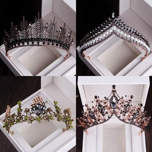 Baroque Black Crown Crystal Pearl Bridal Tiaras Women Rhinestone Pageant Witch Diadem Bride Headband Wedding Hair Accessories
