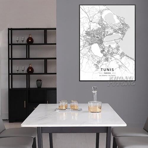 Black and White Tunis Tunisia Latitude Longitude Canvas Art Map Poster Canvas Painting For Living Room For Morden