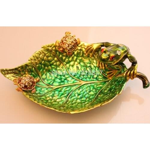 Czech diamond Studded turtle and frog on Golden Leaf Dish Jewelry Trays in Alloy Material