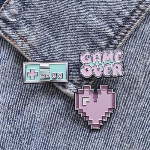 Pink lovely Game Enamel Pin Bag Badge Heart Game over Brooches Clothes Lapel pin Custom Cartoon Retro Vintage Jewelry Gift