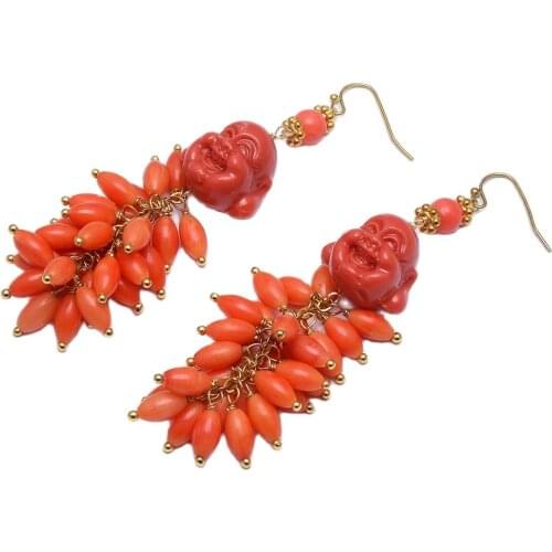 GG Jewelry Natural Barrel Rice Orange Coral Resin Buddha Gold Plated Hook Earrings Dangle Earrings For Women