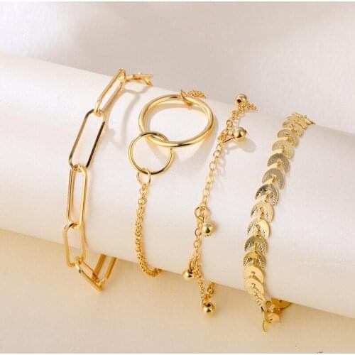 VKME 4Pcs/ Set Punk Layered Chain BraceletS Set for Women Boho Gold Tassel Geometric Leaves Hand Charm Bracelet Bangles Jewelry