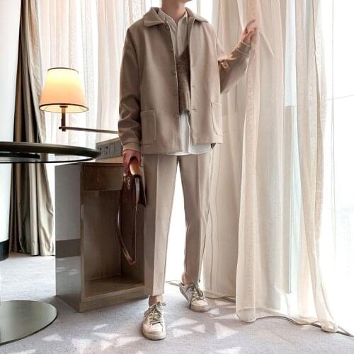 Autumn Black/Khaki Sets Mens Fashion Society Mens Dress Suit Korean Loose Long-sleeved Jacket Trousers Two-piece Suit Sets Mens